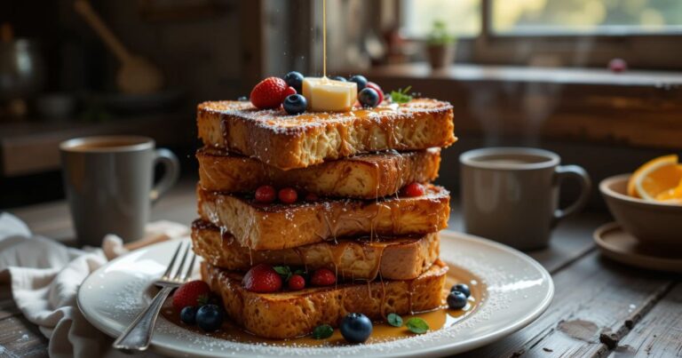 A rustic wooden table with natural lighting, featuring thick slices of Classic French Toast stacked on a white ceramic plate. The toast has a golden-brown crust, with a drizzle of maple syrup, fresh strawberries, and blueberries. Add a dusting of powdered sugar, a sprinkle of cinnamon, and a pat of butter melting on top. Include a vintage fork beside the stack and a background of a cozy kitchen window with morning sunlight. Optional props: a coffee mug filled with coffee and a small bowl of fresh orange slices.