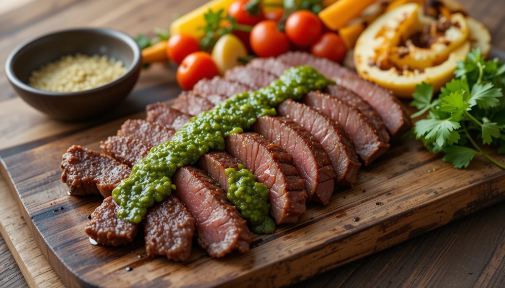 A rustic serving platter featuring thinly sliced picanha topped with bright green chimichurri sauce, accompanied by grilled vegetables and a small bowl of garlic rub, set on a wooden table with natural lighting.
