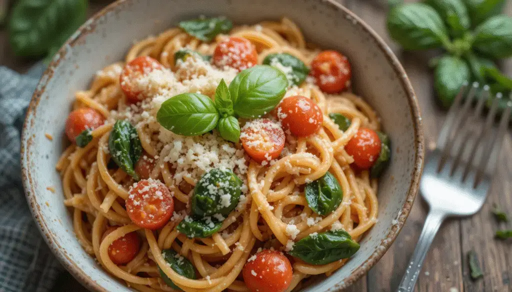 A close-up of a bowl of creamy tomato and spinach pasta garnished with fresh basil and grated Parmesan cheese, placed on a rustic wooden table with a fork.