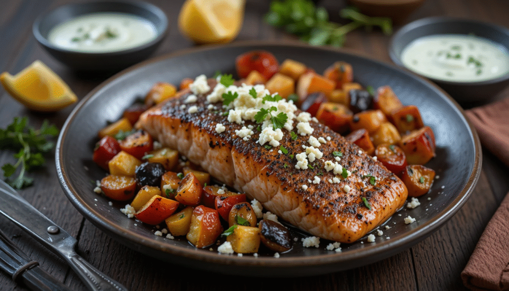 “A beautifully plated sumac-spiced salmon fillet topped with crumbled feta and fresh parsley, surrounded by colorful roasted Mediterranean vegetables on a rustic wooden table, with a side of lemon wedges and a bowl of tzatziki sauce.”